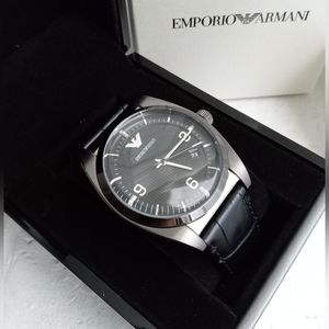 Emporio Armani AR0368 Classic Black Dial Leather Strap Gray Steel Men's Watch